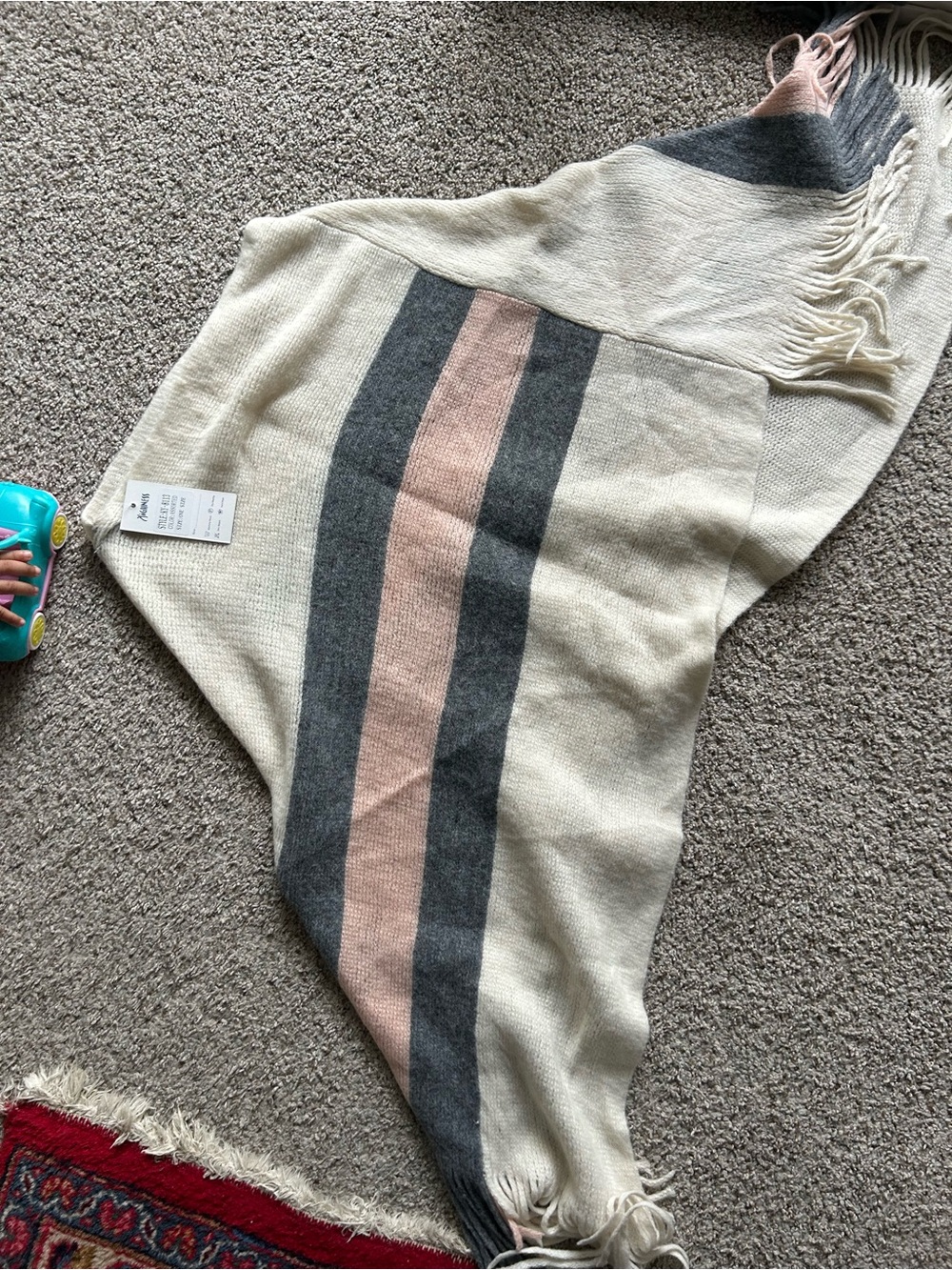 Cream Knit Women's Poncho with Gray and Blush Stripes